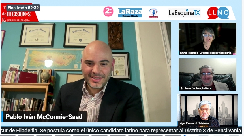 Pablo Iván durante una entrevista virtual con periodistas del Latino Local News Collaborative, discutiendo su visión y propuestas para representar a la comunidad latina y al Distrito 3 en el Congreso.