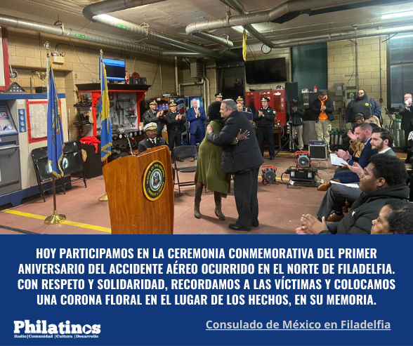 Fotos: Facebook Consulado de Mexico en Filadelfia: Hoy participamos en la ceremonia conmemorativa del primer aniversario del accidente aéreo ocurrido en el norte de Filadelfia. Con respeto y solidaridad, recordamos a las víctimas y colocamos una corona floral en el lugar de los hechos, en su memoria.