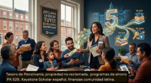 Tesoro de Pensilvania, propiedad no reclamada, programas de ahorro PA 529, Keystone Scholar español, finanzas comunidad latina.