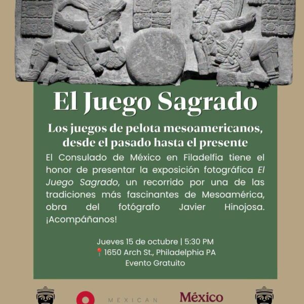 Visita la exposición fotográfica "El Juego Sagrado" de Javier Hinojosa en el Consulado de México en Filadelfia. Descubre la historia del juego de pelota prehispánico gratis.